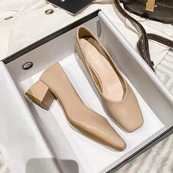 Весна 2024 года, новые женские туфли на толстом каблуке с квадратной головкой и неглубоким носком, средний каблук, одинарные туфли 34 абрикосовый