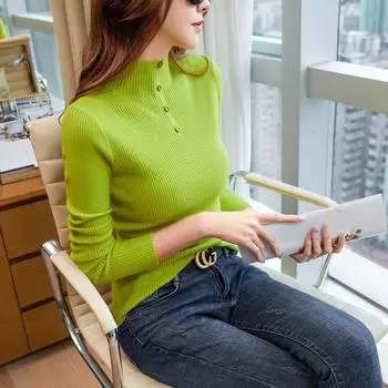 Весна 2024 года, новый стиль, полуводолазка, верхняя одежда, свитер, универсальная тонкая рубашка с длинными рукавами, футболка, топ для женщин L зелёный