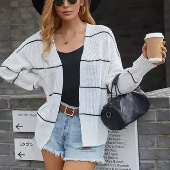 Весна 2024 года, новый вязаный свитер, европейский и американский свитер, женский модный короткий полосатый кардиган S белый