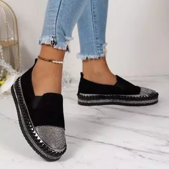 Весна 2024 года, повседневные туфли большого размера для женщин, новые модные женские туфли на толстой подошве с плоским дном и стразами 35 чёрный