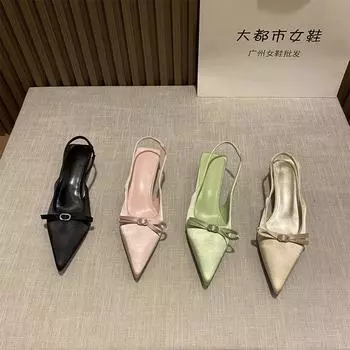 Весна 2024 года, светские сандалии со стразами, пряжкой-бантом, темпераментом, женские туфли с острым тонким каблуком и ремешком сзади 35 чёрный