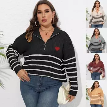 Весна 2024 года, свитера больших размеров, женская одежда, негабаритный пуловер на молнии, джемперы, женский кардиган с вышивкой сердца, женские уличные топы 0XL чёрный