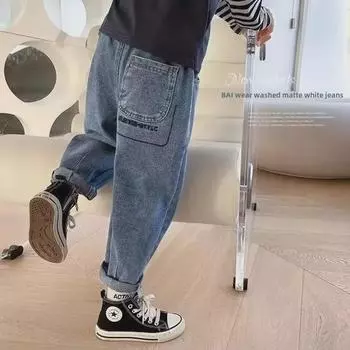 Весна 2024 Модные джинсы для мальчиков - Осенняя коллекция для детей среднего и старшего возраста 120 синий