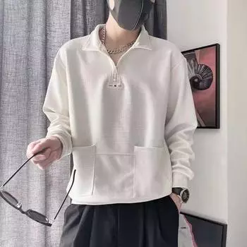 Весна 2024 мужской свитер пэчворк разных цветов приятная для кожи ткань модный универсальный топ повседневная рубашка с длинными рукавами M чёрный