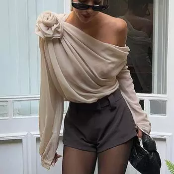 Весна 2024, новая женская сексуальная шифоновая блузка, уличная мода, топ с диагональными плечами, женская элегантная тонкая футболка, рубашка K2494K-26 S абрикосовый