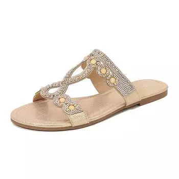 Весна 2024 Новые бохо сандалии с круглым носком на плоской подошве женские сандалии большого размера со стразами 36 чёрный