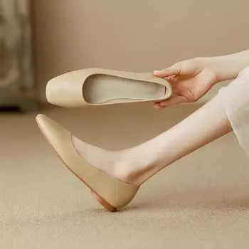 Весна 2024 Новые лоферы на плоской подошве, Простые туфли на низком каблуке Офисная повседневная обувь Туфли на плоской подошве с застежкой-молнией Женские туфли Zapatos с квадратным носком 35 абрикосовый