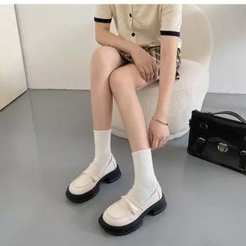 Весна 2024 Ретро Стиль Маленькие Кожаные Туфли Женские Новые Черные Многоцветные Толстые Нижние Увеличенные Педали 35 бежевый