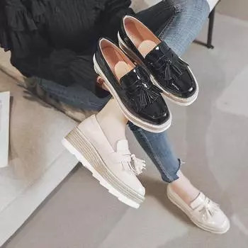 Весна 2024, универсальные туфли Matsuke на толстой подошве с кисточками в британском стиле, маленькие кожаные туфли с круглым носком, с приподнятым шагом, HZB 34 чёрный