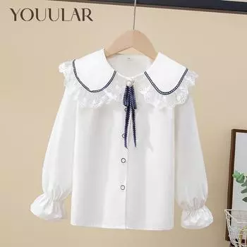 Весна 2024, весенняя детская рубашка, белая рубашка с кружевным воротником для девочек, рубашка с длинными рукавами для девочек 110