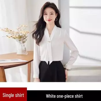 Весна 2024 Женская блузка из струящегося атласа с воротником-стойкой и завязками - Свободный крой, Профессиональный OL-дизайн M