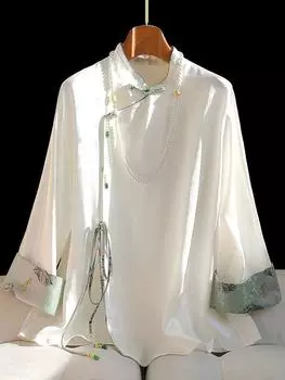 Весна 2024 Женская рубашка Гуочао из ацетатного сатина с ретро диагональной застежкой и пуговицей-лягушкой 2X Large