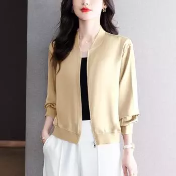 Весна 2024 Женская свободная бейсбольная куртка из ацетатного атласа - Повседневный короткий кардиган с длинными рукавами