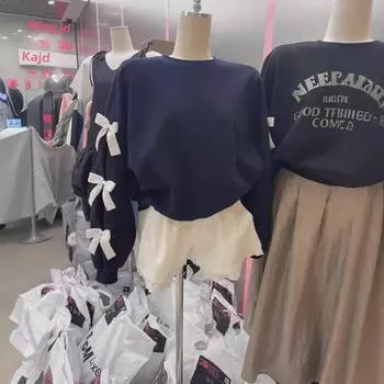 Весна 2024 Женская свободная толстовка с бантом и круглым вырезом - Универсальная и стильная L темно-синий