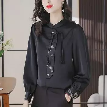 Весна 2024 Женский ретро-атласный топ с длинными рукавами в китайском стиле M