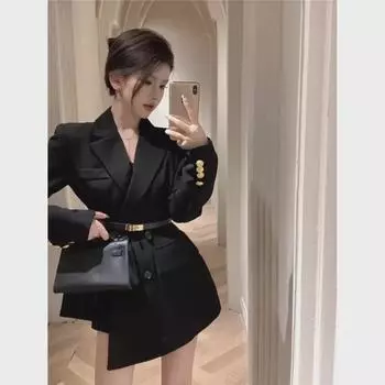 Весна 2024 Женский ретро-черный пиджак с нестандартной талией в стиле Хепберн Small