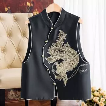 Весна 2024 Женский жилет с золотой вышивкой феникса – Однобортный дизайн из ацетата L чёрный