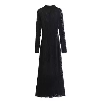 Весна 2024 Женское Элегантное Кружевное Платье Миди с Высоким Вырезом XS чёрный