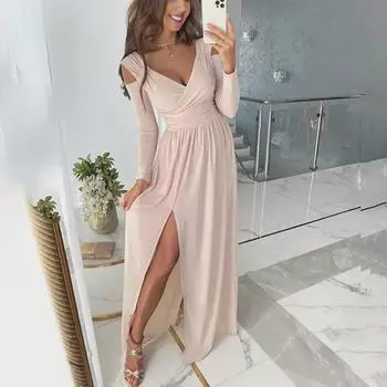 Весна 2024 Женское однотонное платье с V-образным вырезом и разрезом XL