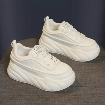 Весна 2025 Белые корейские кожаные кроссовки на платформе для миниатюрных женщин 39 белый