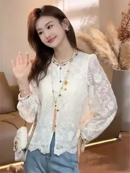 Весна 2025 Блузка из французского кружева с вышивкой, бисером и крючком – Молодящий модный топ Extra Large грязно-белый