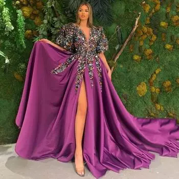 Весна 2025 Европейское и американское женское вечернее платье с цветочным узором, пайетками и V-образным вырезом Large