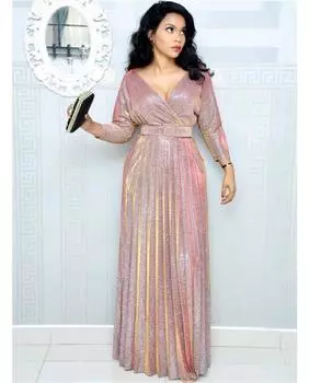 Весна 2025 г., африканская женская мода, юбка-маятник с длинными рукавами, бронзового оттенка, плиссированная, с поясом, ярко-розовое платье S розовый