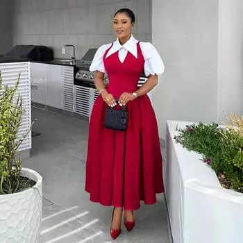 «Весна 2025 г., элегантное женское платье с рукавами-фонариками, воротником-рубашкой и высокой талией — европейский и американский стиль»