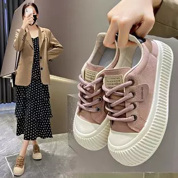 «Весна 2025 г., корейские белые женские дышащие кроссовки на низкой платформе — толстая подошва, универсальная повседневная обувь M20». 39 бежевый