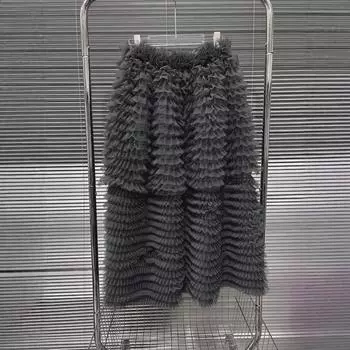 Весна 2025 г. Серая юбка-трапеция с высокой талией и пышной сеткой – французский летний стиль с ноткой шика Large серый