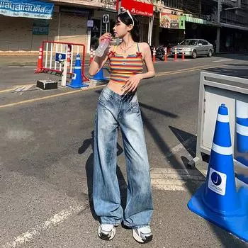 Весна 2025 г., широкие джинсы с высокой талией для женщин — длина до пола, узкий драпированный фасон XS