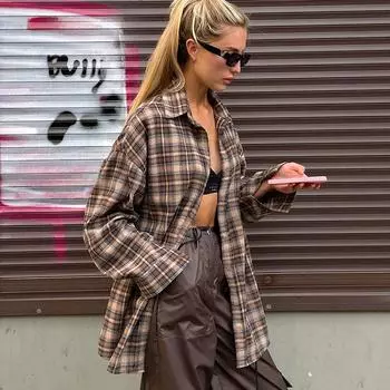 Весна 2025 г., женская длинная рубашка в винтажную клетку - свободный дизайн в стиле американского ретро Large