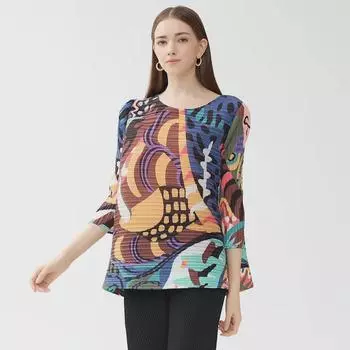 Весна 2025 г. Женская повседневная плиссированная футболка с круглым вырезом и юбкой-трапецией с граффити One Size