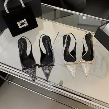 Весна 2025 г. Женские босоножки-шпильки со стразами и бантом в стиле феи с острым носком 38 чёрный