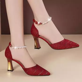 Весна 2025 г., женские туфли на высоком каблуке с острым носком, летние, Fairy Wind, новые, полые, с ремешком из бисера, универсальные босоножки на каблуке Zapatos De Mujer 35 чёрный