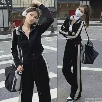 Весна 2025 г., женский повседневный уличный стиль, облегающий свитер и широкие брюки M (suggested for 85-100 jin)