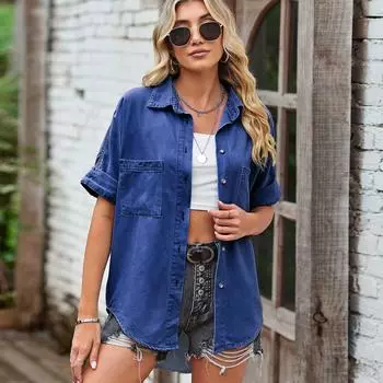Весна 2025 года, новая европейская и американская джинсовая рубашка с коротким рукавом, повседневный топ «летучая мышь» для женщин S темно-синий