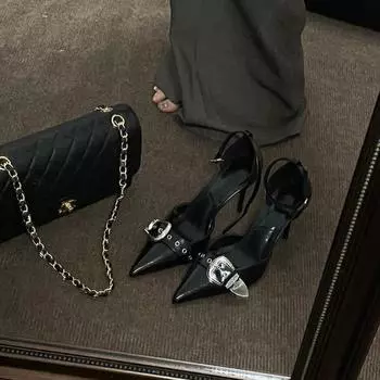 Весна 2025 года, новинка, британский ремень с заостренным ремнем с одним словом, металлическая пряжка, смешивай и сочетай, профессиональные туфли для поездок на работу, женские туфли из кожи на толстом каблуке 35 чёрный