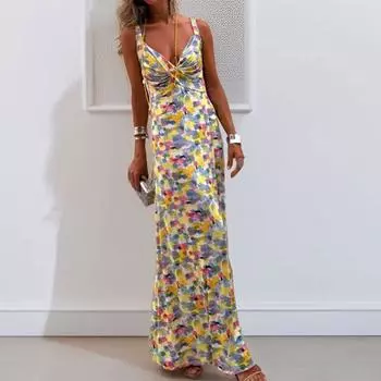 Весна 2025 года, новое длинное платье с V-образным вырезом и принтом на подтяжках S