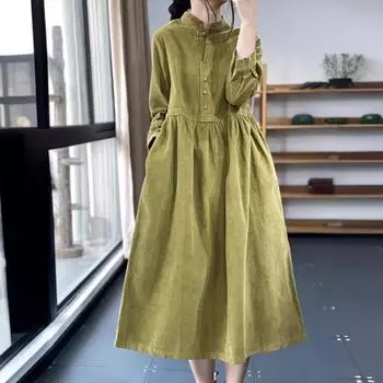 Весна 2025 года, новое литературное и ретро-китайское платье с воротником-стойкой, свободное, повседневное, темпераментное, универсальное, вельветовое платье M розовый