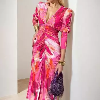 Весна 2025 года, новое женское платье с принтом темперамента, сексуальным V-образным вырезом и складками на талии S розы красного