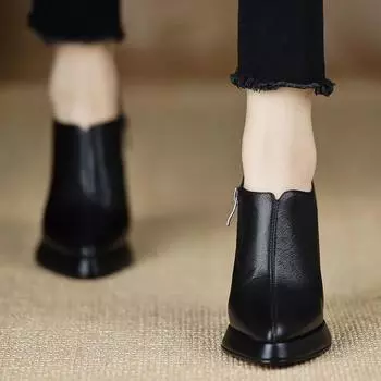 Весна 2025 года, новые элегантные туфли с острым носком на толстом каблуке, водонепроницаемые, женские, черные, простая модель 34 чёрный