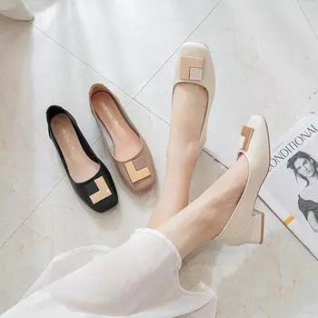 Весна 2025 года, новые квадратные туфли на толстом каблуке, женские модные повседневные туфли с металлической пряжкой, женская корейская версия, женская обувь 34 чёрный
