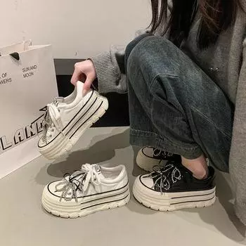 Весна 2025 года, новые, на толстой подошве, универсальные, удобные, на шнуровке, кожаные туфли для серфинга, повседневные, в стиле колледжа, с бантом, женские туфли 35