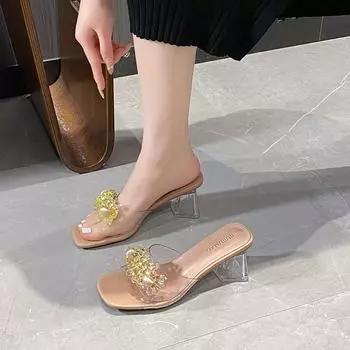Весна 2025 года, новые прозрачные стразы цвета шампанского, стильные, квадратные, толстые каблуки, фея, полные внешние босоножки 34 шампанского