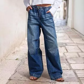 Весна 2025 года, новые свободные джинсы со средней посадкой и широкими штанинами, женские уличные ретро-прямые брюки S темно-синий