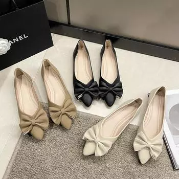 Весна 2025 года, новые туфли Doudou с заостренным носком и плоским дном, вечерний бриз, бант, ленивые туфли с одной педалью, с неглубоким горлом, женские туфли 35 бежевый