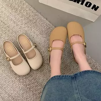 Весна 2025 года, новые туфли-лодочки с пряжкой из одного слова и неглубоким горлом, на плоской подошве, повседневные туфли-лодочки Мэри Джейн на мягкой подошве, женские тапочки 35