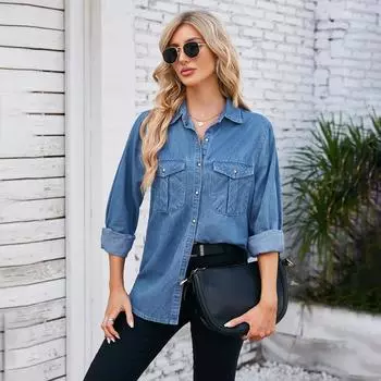 Весна 2025 года, новый тонкий джинсовый топ-рубашка S светло-синий