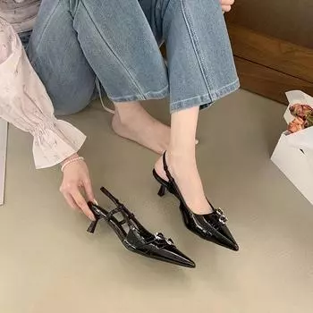 Весна 2025 года. Туфли на шпильках во французском стиле с острым носком — элегантные босоножки с закрытым носком и ремешком сзади 36 телесный